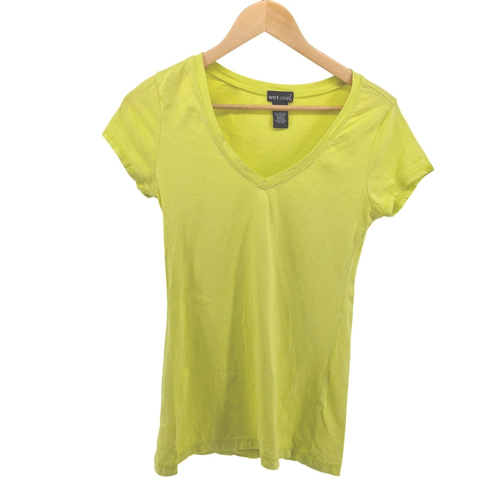 Wet Seal Womens V Neck T Shirt Bright Yellow Sz M Y2K Summer Coastal Resort